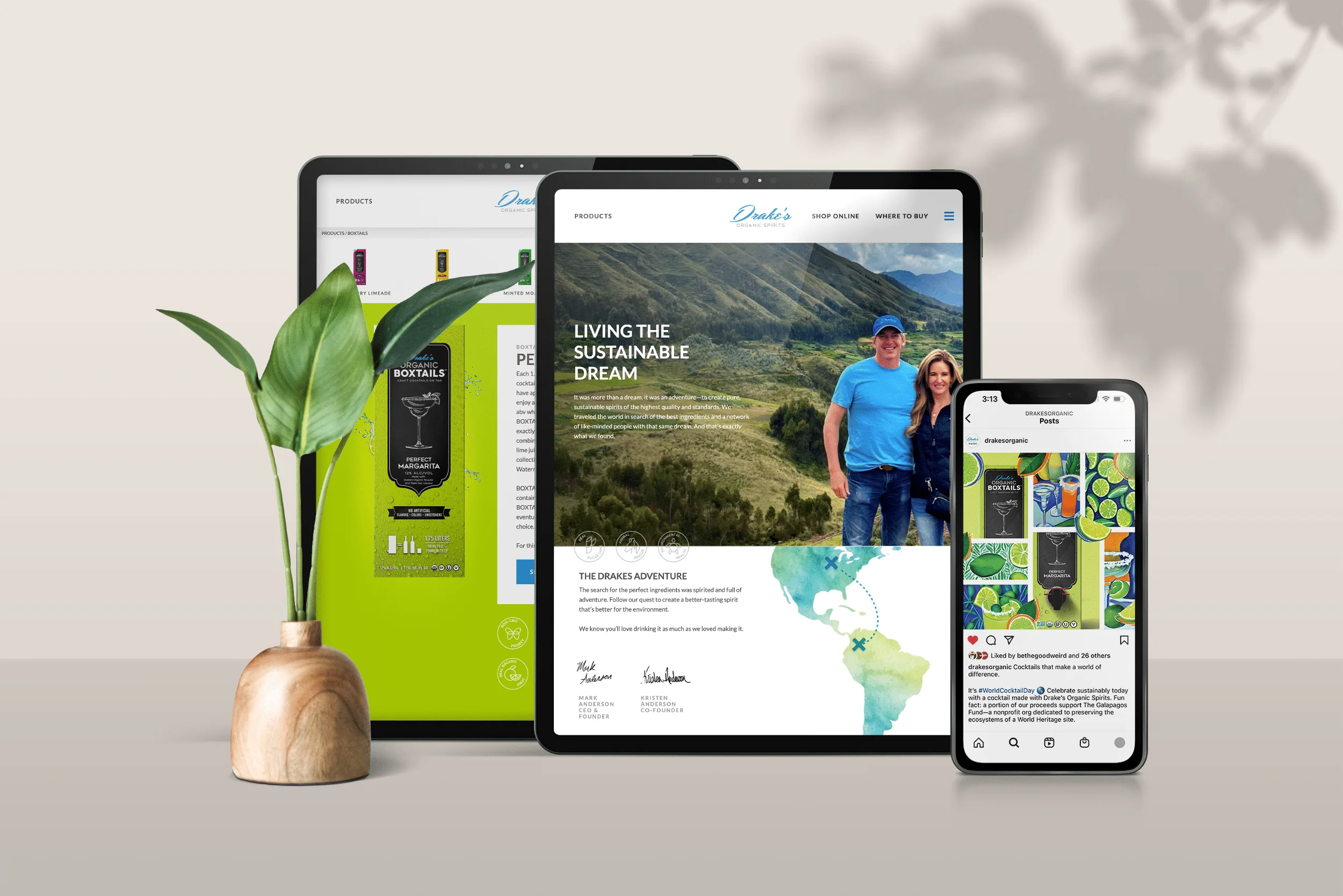 Drake's Organic Spirits website on tablet and phone
