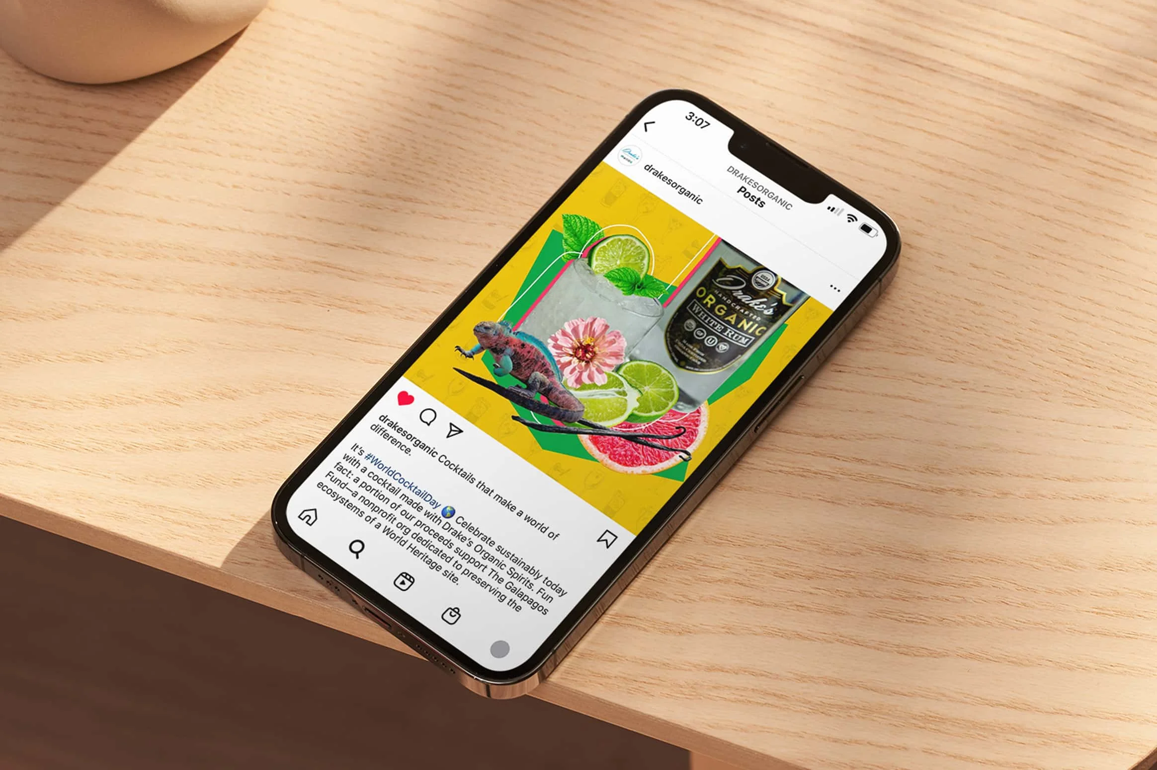 Drake's Organic Spirits social content on phone